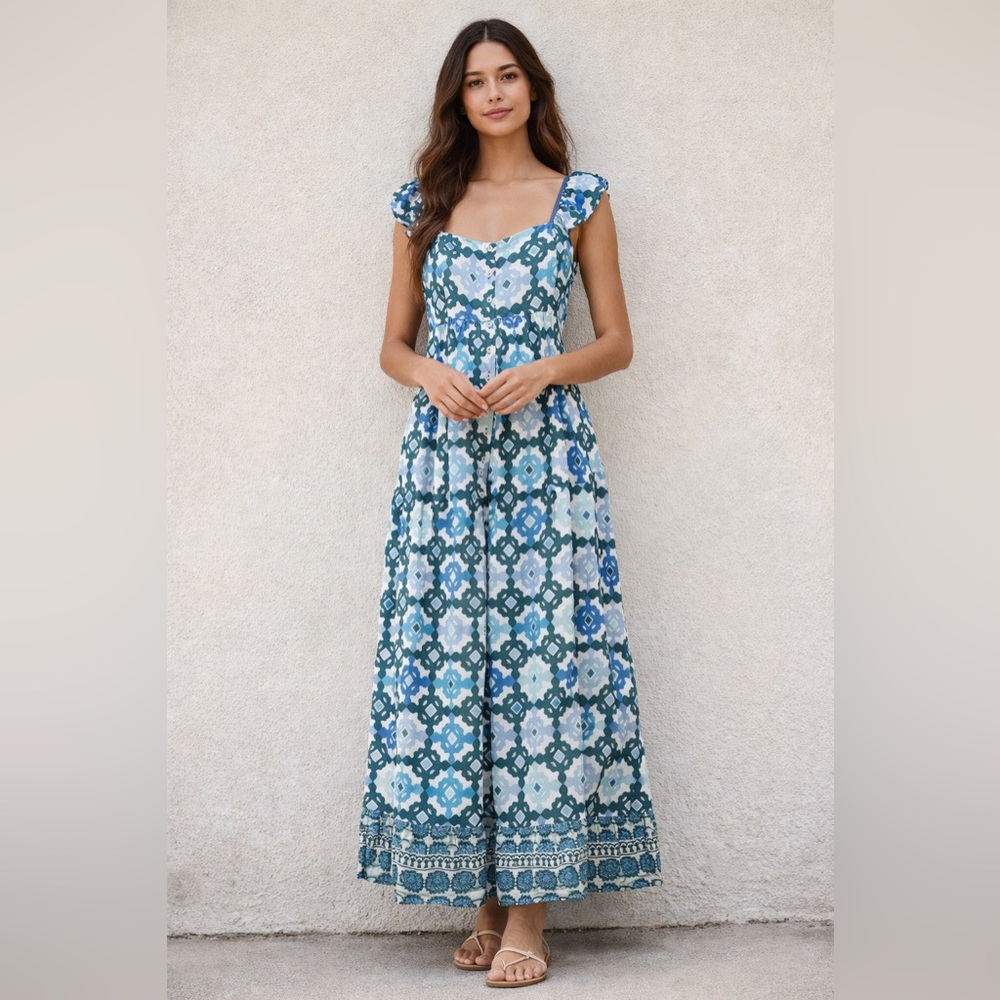 NWT Ro's Garden Horia Square Neck Midi Dress Blue Medium